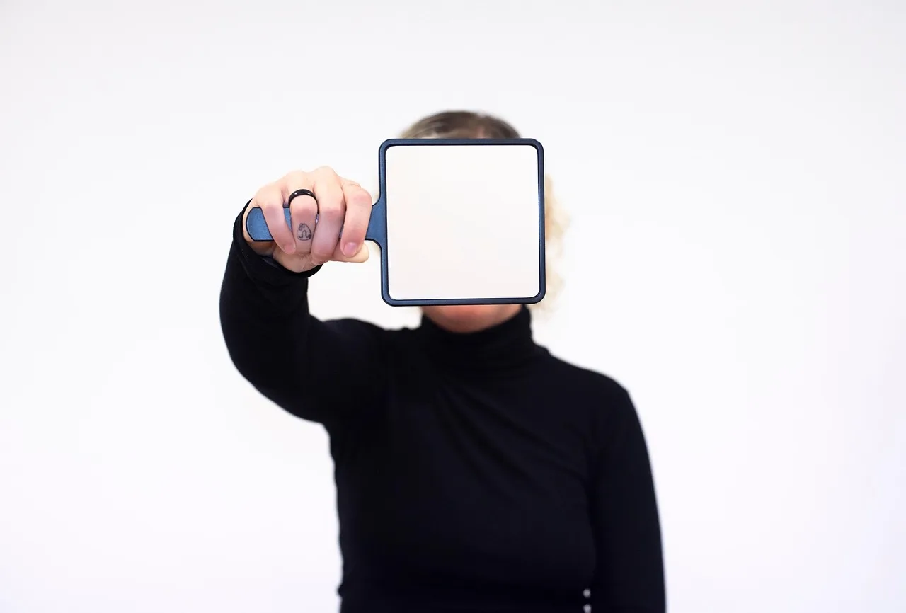 face, mirror, woman, blank, reflect, isolated, white background, marketing