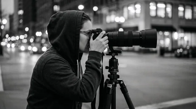 photographer, camera, tripod, telephoto, lens, monochrome, black and white, urban, night, bokeh, focus, hoodie, glasses, professional, art, photography, street, city, profile, concentration, ai generated. A reversible ninety-day investigation before committing to an influencer agency