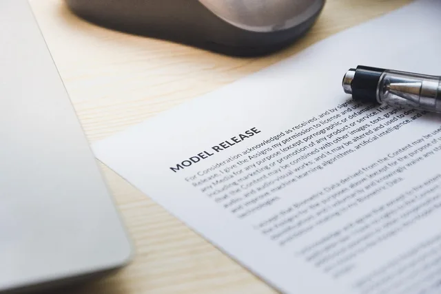 paper, model release, form, document, signing, pen, desk, agreement, business, contract, signature. Influencer marketing rules and ethics: how to assign duties