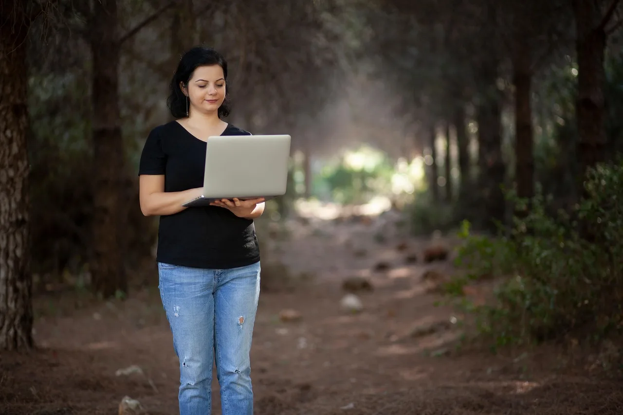 woman, work, laptop, computer, electronic, freelance, nature, forest
