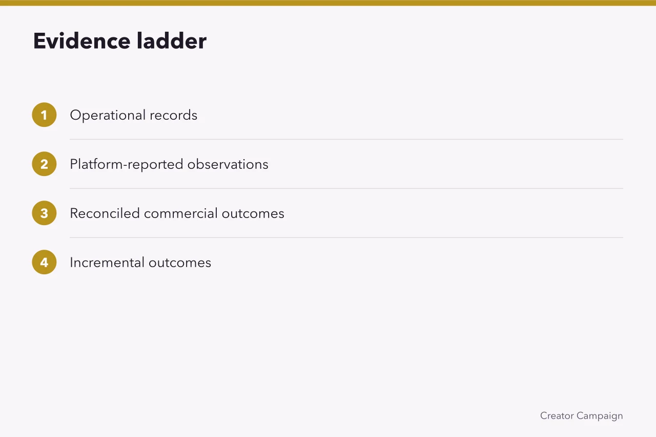 Four-rung evidence ladder from operational records to incremental outcomes (Measuring influencer campaigns with separate populations and an evidence ladder)