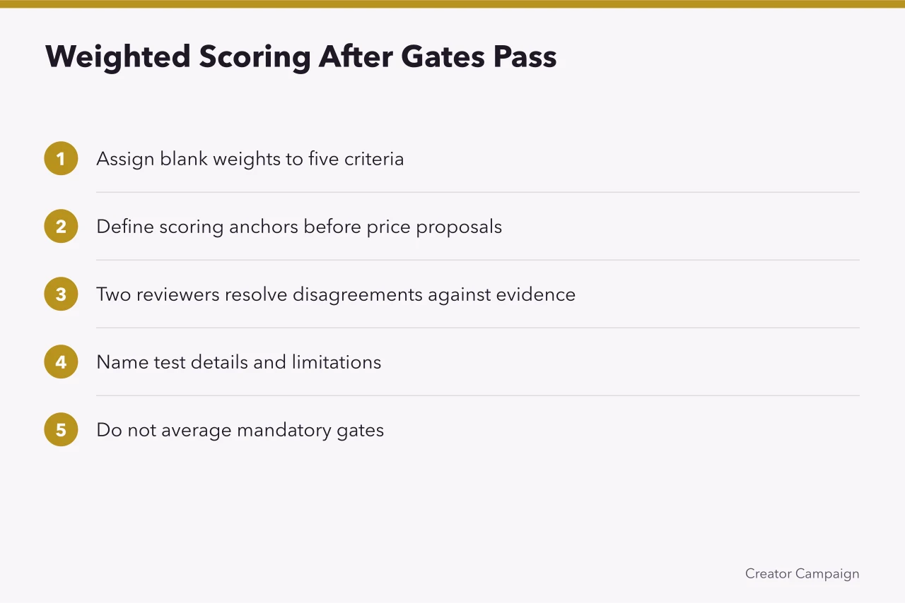 Steps for scoring admitted candidates with blank weights and evidence (A reproducible method for reviewing influencer agencies, with blank weights and narrow verdicts)